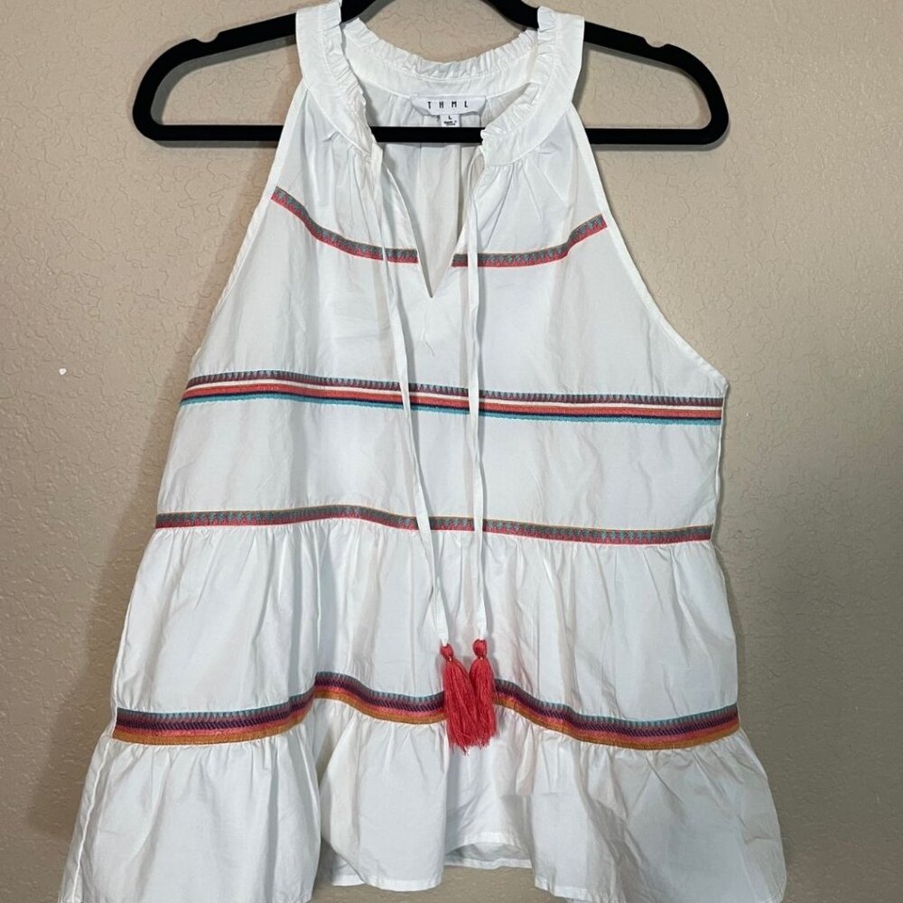 Like New THML White Embroidered Halter Notch Tassel Tank Top Size Large